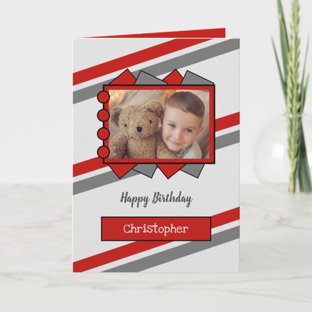 Carte anniversaire de enfant de nom et de photo gris et  (Devant)