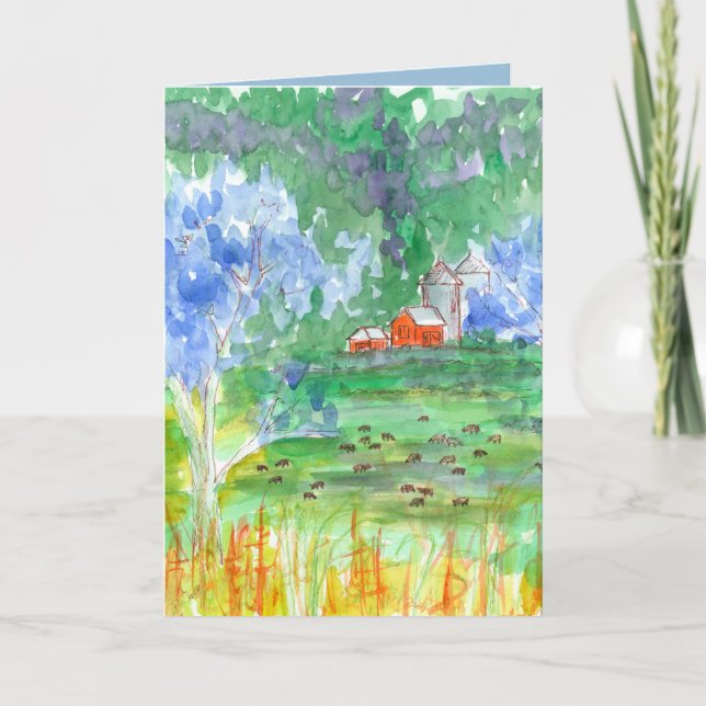 Carte Anniversaire de grange rouge de vaches joyeux (Devant)