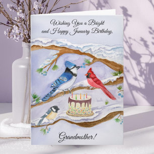 Carte Anniversaire de Janvier Oiseaux de Jardin Grand-mè