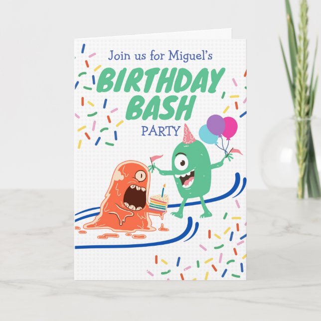 Carte Anniversaire de la fête de Bash avec Monstres amus (Devant)
