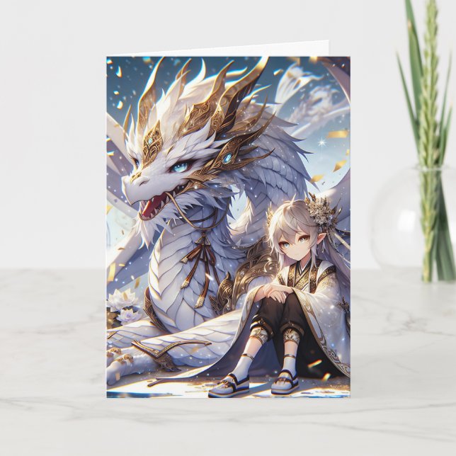 Carte Anniversaire de la fille Anime et Dragon Blanc et  (Devant)