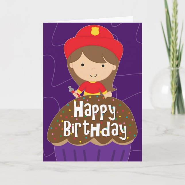 Carte Anniversaire de la fille - Petit pompier et Cupcak (Devant)