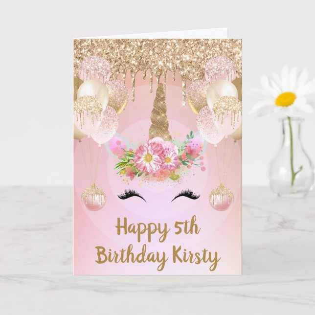 Carte Anniversaire de la licorne rose et or (Petite plante)