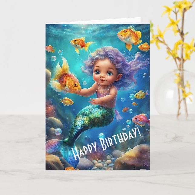 Carte Anniversaire de la mignonne sirène (Fleur jaune)