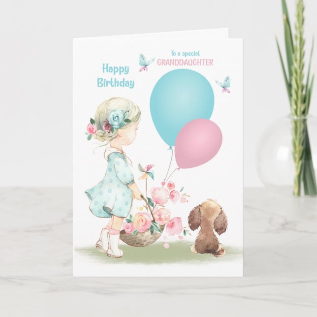 Carte Anniversaire de la petite fille et chiot (Devant)