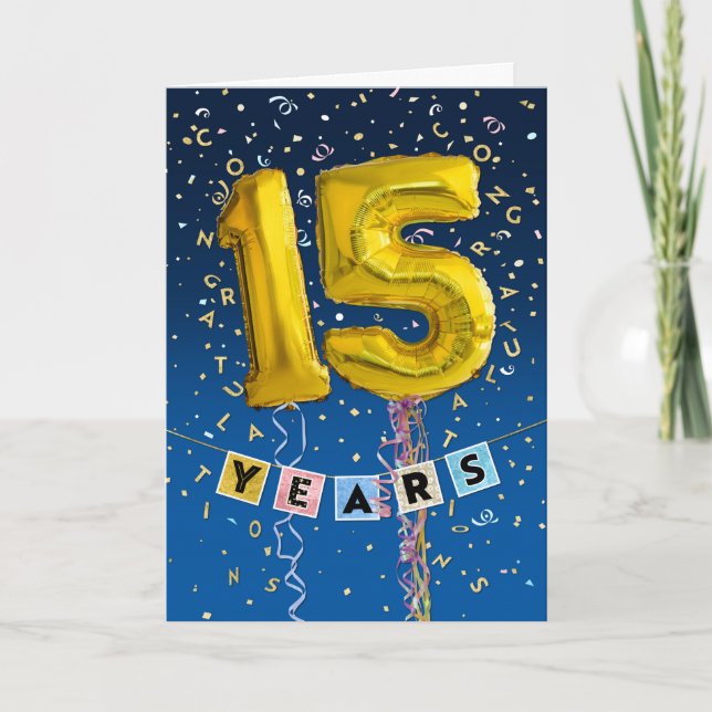 Carte Anniversaire de l'employé 15 ans - Ballons d'or (Devant)