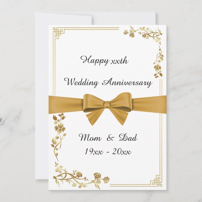 Carte Anniversaire de mariage, blanc, ruban doré, texte  (Devant)