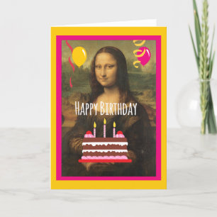Carte Anniversaire de Mona Lisa avec le gâteau et les