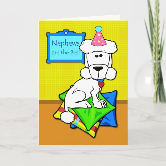 Carte Anniversaire de Nephew, caniche blanche sur Coussi (Devant)