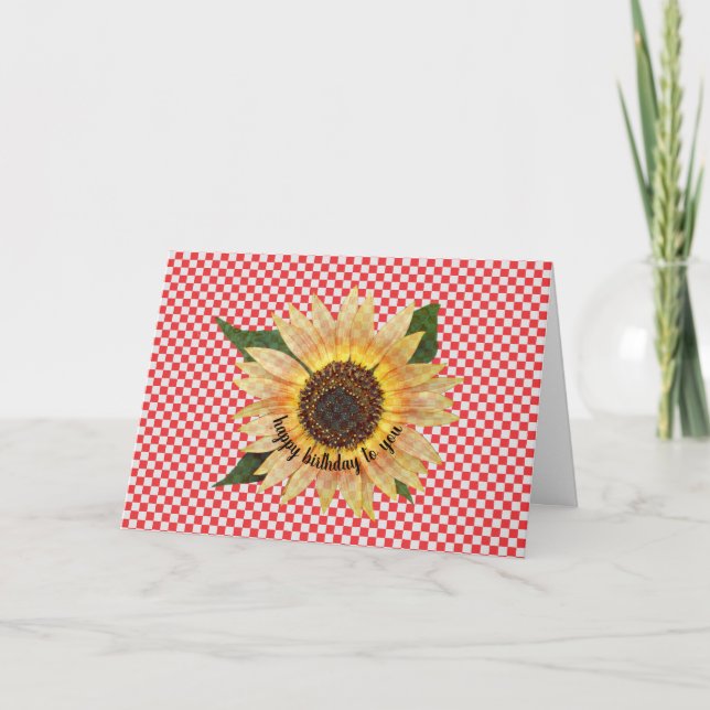 Carte anniversaire de tournesol sur en vichy rouge et bl (Devant)