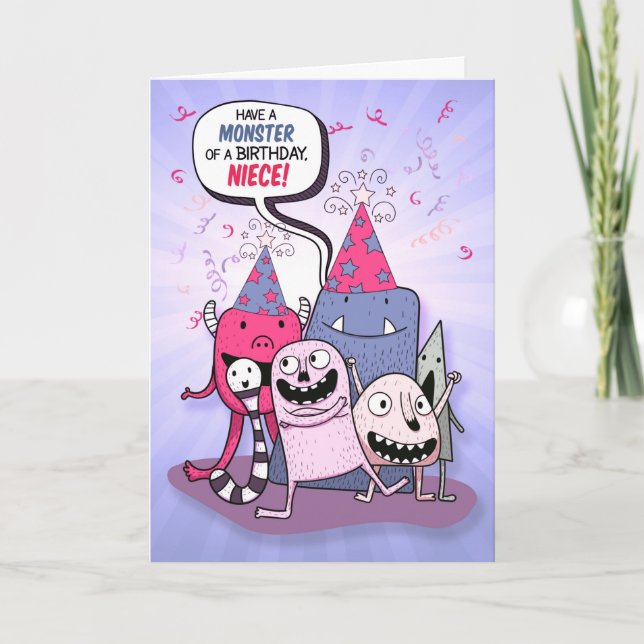 Carte Anniversaire de Young Niece Pink and Purple Monste (Devant)
