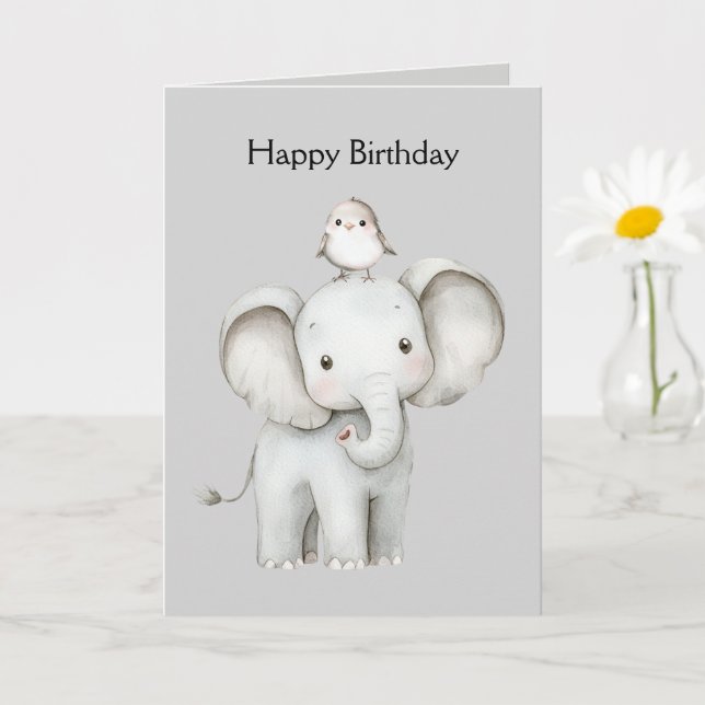 Carte Anniversaire d'Éléphant et d'Oiseau (Petite plante)