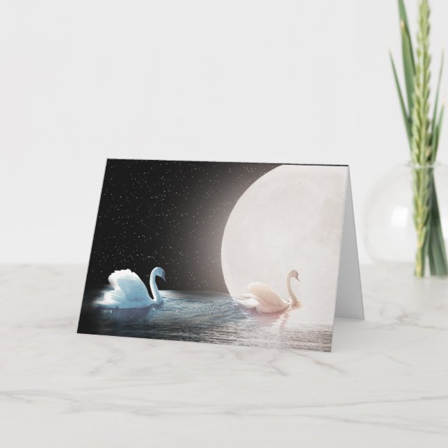 Carte Anniversaire des cygnes blancs avec lune (Devant)