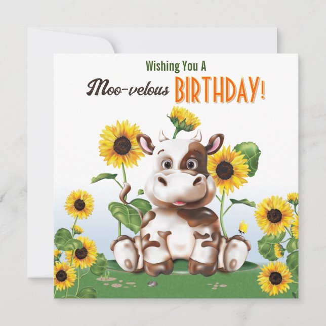 Carte Anniversaire des enfants au tournesol de vache (Devant)