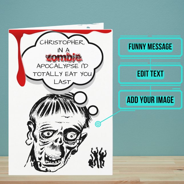 Carte Anniversaire drôle de Zombie (This funny card features an illustration of a zombie, currently a pop culture phenomenon.)