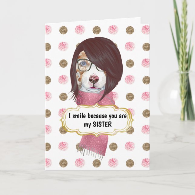 Carte Anniversaire drôle soeur brune collie chien rose o (Devant)