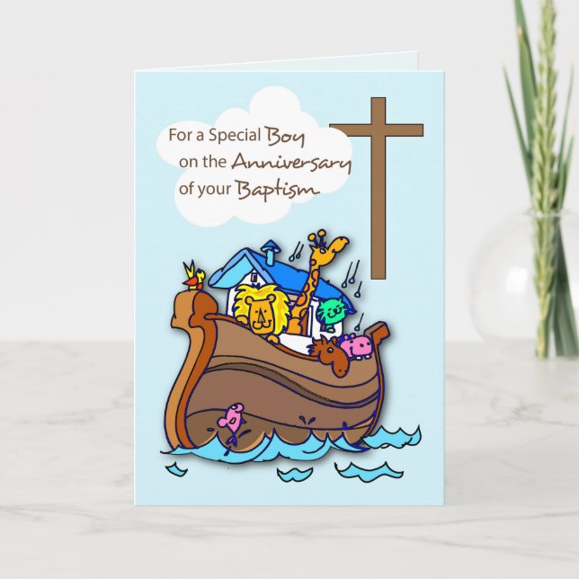 Carte Anniversaire du baptême Arche du garçon Noé (Devant)