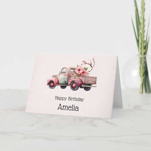 Carte Anniversaire du camion Vintage rose (Devant)