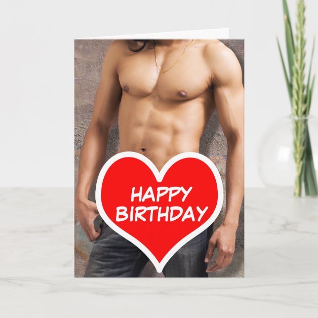 Carte Anniversaire du coffre nu de l'homme joyeux (Devant)