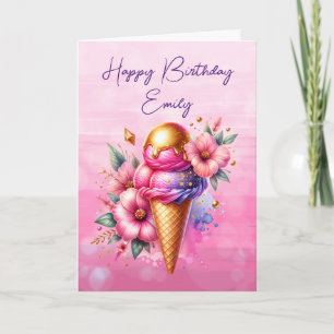 Carte Anniversaire du cône de crème glacée rose et or