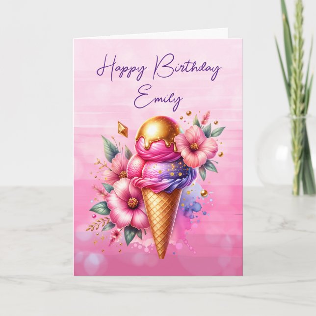 Carte Anniversaire du cône de crème glacée rose et or (Devant)