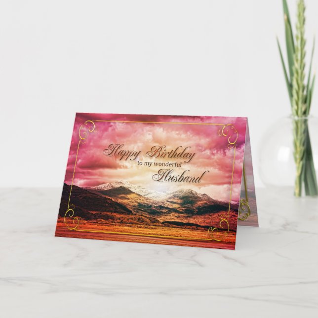 Carte anniversaire du mari, coucher du soleil sur les mo (Devant)