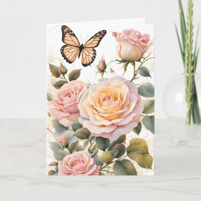 Carte Anniversaire du papillon et des roses roses roses  (Devant)