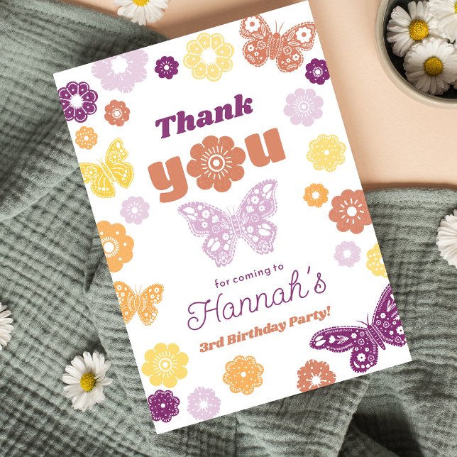 Carte Anniversaire du papillon rétro avec Merci de messa (Retro Butterfly Thank You Notes for Girls Birthday)