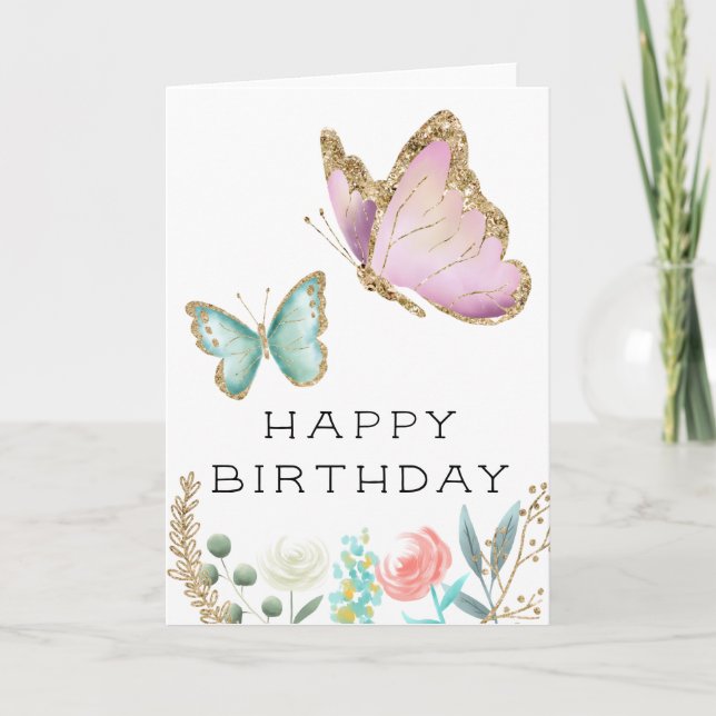 Carte Anniversaire du papillon rose et menthe (Devant)