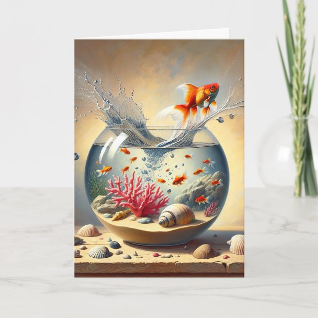 Carte Anniversaire du poisson d'or sauter hors de la pêc (Devant)