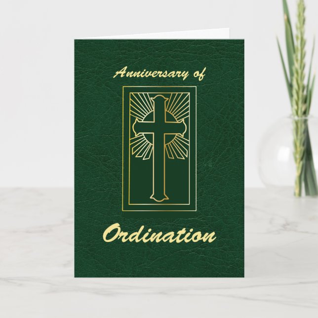 Carte Anniversaire du prêtre de l'Ordination Cuir vert (Devant)