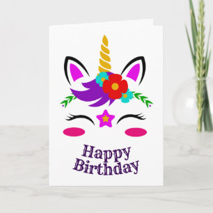 Carte Anniversaire du visage de la licorne, Flore rouge 