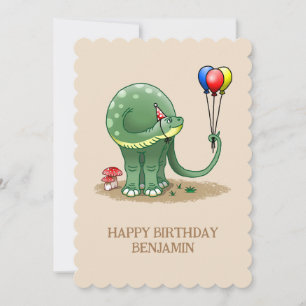 Carte Anniversaire d'un dinosaure tenant des ballons