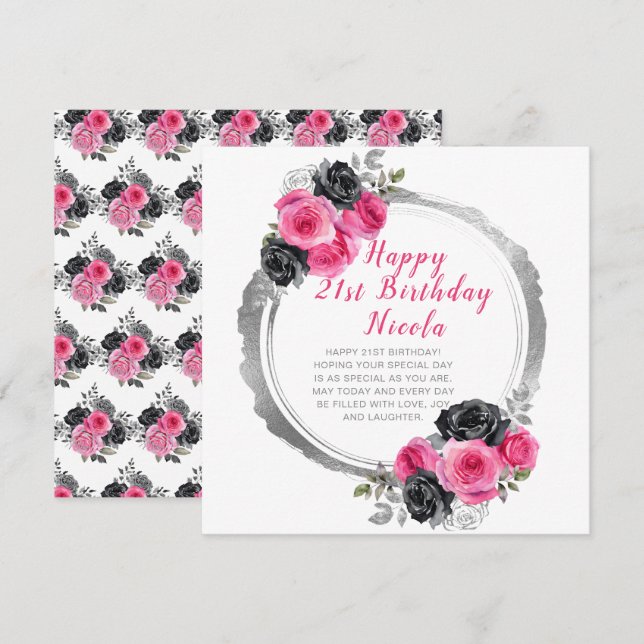 Carte Anniversaire élégant rose et argent chaud (Devant / Derrière)
