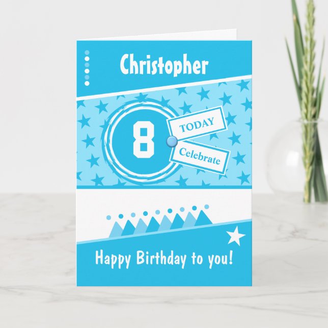 Carte Anniversaire enfants turquoise bleu blanc nom de t (Devant)