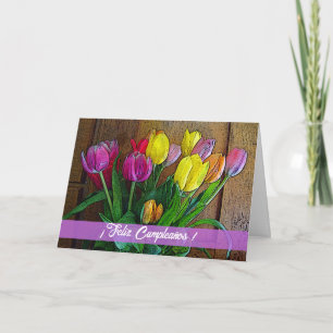 Carte Anniversaire espagnol Feliz Cumpleanos avec Tulips