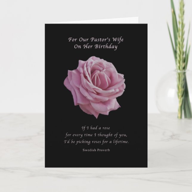 Carte Anniversaire, Femme du pasteur, Rose rose sur Noir (Devant)