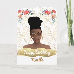 Carte Anniversaire, Femme Noire, Fleurs Whimsical Or