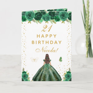 Carte Anniversaire Fille aux Cheveux Bruns Floral Vert