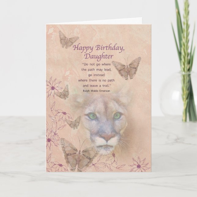 Carte Anniversaire, fille, puma et papillons (Devant)