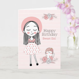Carte Anniversaire fille Rose et Noir avec nom et chat