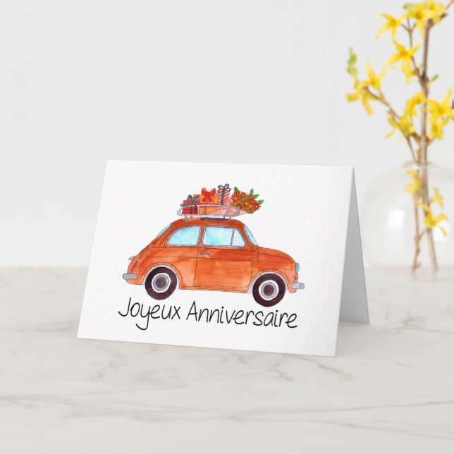 Carte Anniversaire français Retro Fiat 500 (Fleur jaune)