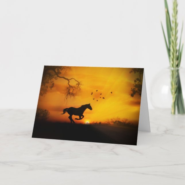 Carte Anniversaire Galloping Horse et Oiseaux coucher du (Devant)