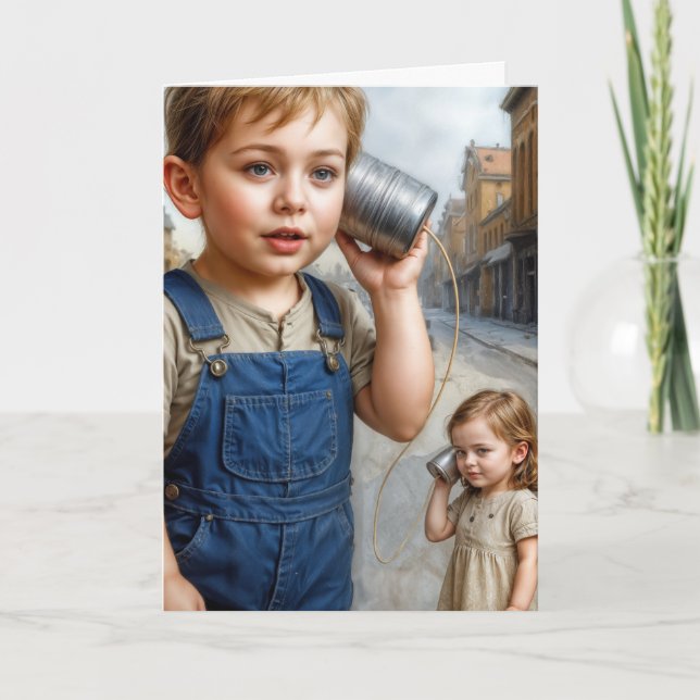 Carte Anniversaire Garçon et Fille avec Tin Can Téléphon (Devant)