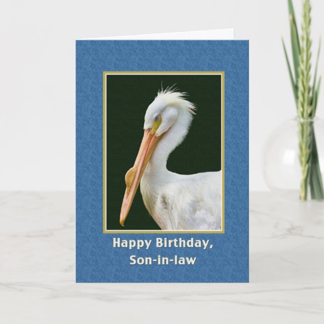 Carte Anniversaire, gendre, Oiseau pélican blanc (Devant)