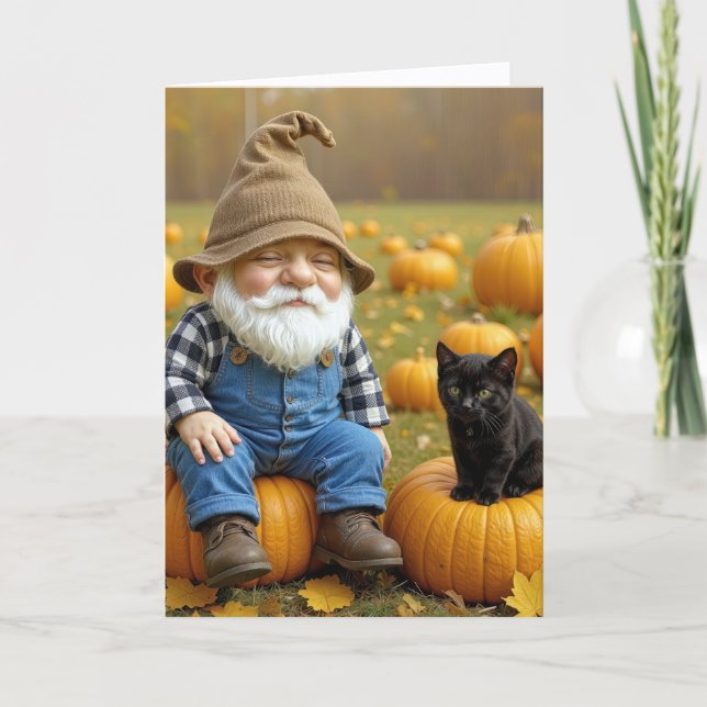 Carte Anniversaire Gnome et Kitten noir sur Citrouille (Devant)