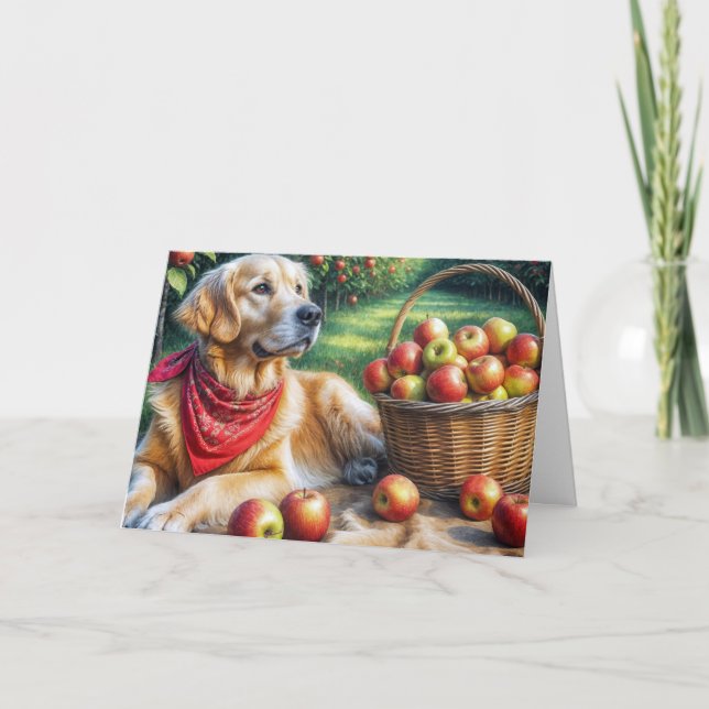 Carte Anniversaire Golden Retriever dans un Apple Orchar (Devant)