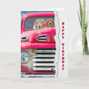 Carte Anniversaire Golden Retriever en Camion Rouge
