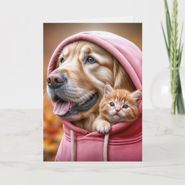 Carte Anniversaire Golden Retriever et Kitten dans un Sw (Devant)