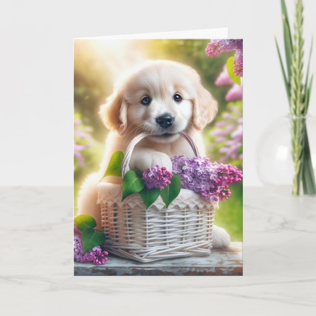 Carte Anniversaire Golden Retriever Puppy Avec Panier Li (Devant)